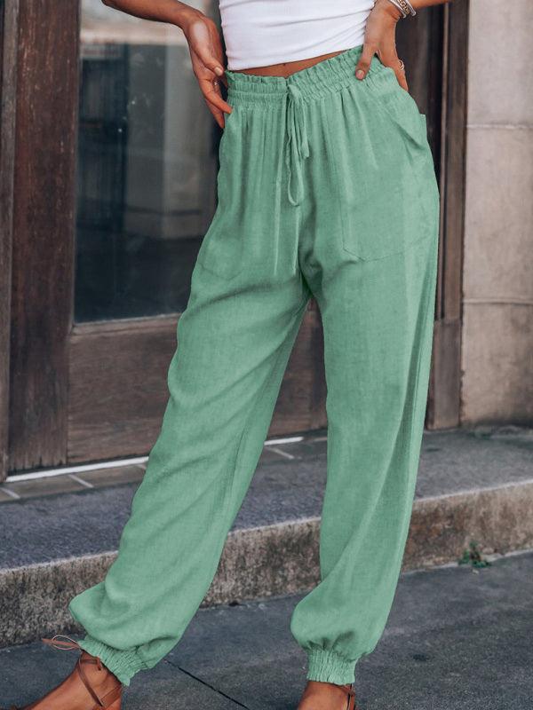 Armani Bloomer Solid Color Cotton Linen Ladies Pocket Drawstring Pant - Vestir en Moda