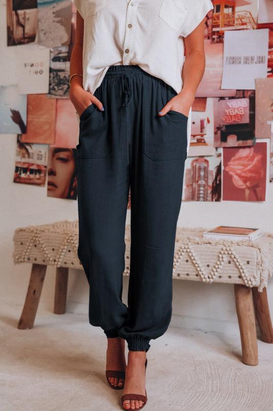 Armani Bloomer Solid Color Cotton Linen Ladies Pocket Drawstring Pant - Vestir en Moda
