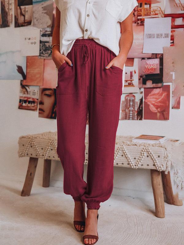 Armani Bloomer Solid Color Cotton Linen Ladies Pocket Drawstring Pant - Vestir en Moda
