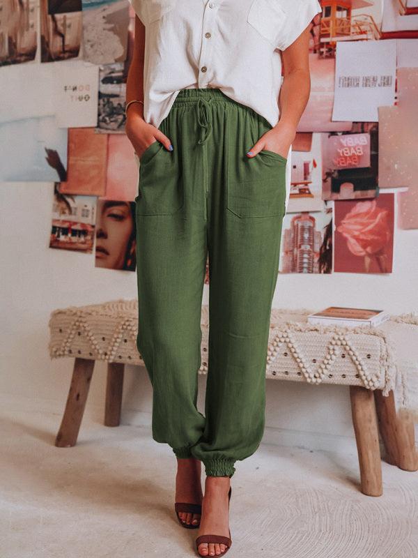 Armani Bloomer Solid Color Cotton Linen Ladies Pocket Drawstring Pant - Vestir en Moda