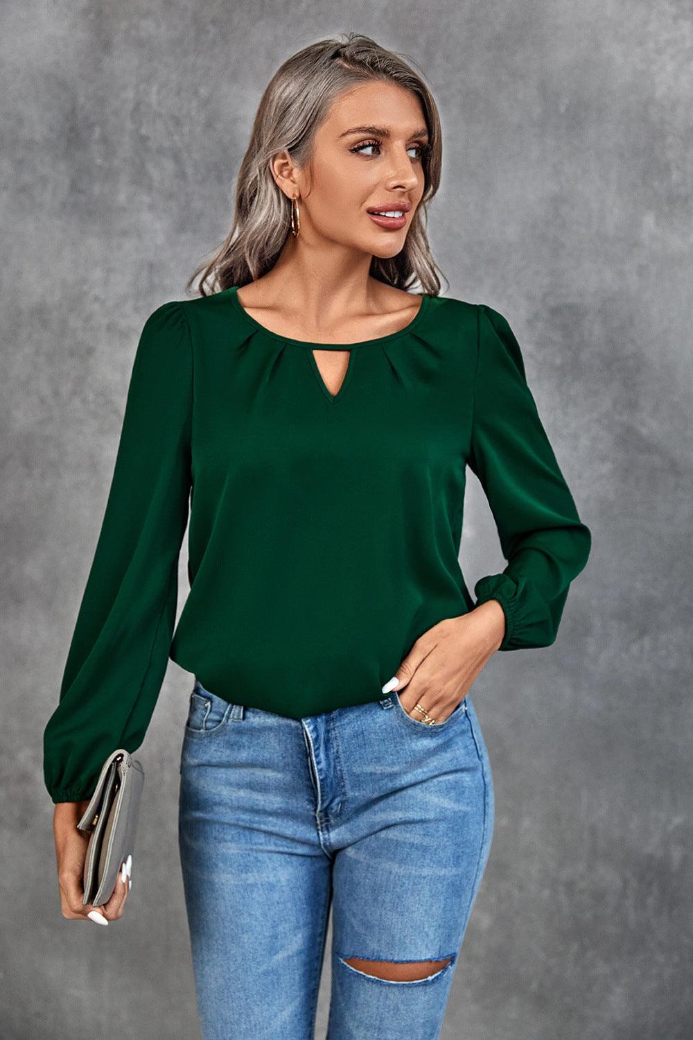 Ava Clothing Solid Color Classic Casual Pleated Blouse - Vestir en Moda