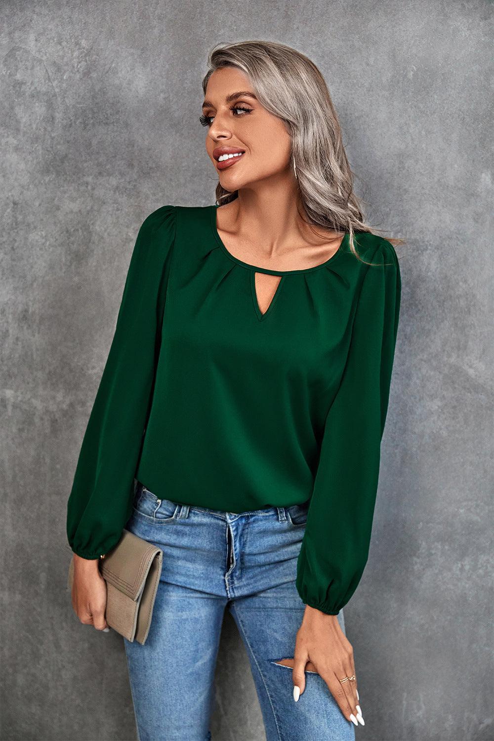 Ava Clothing Solid Color Classic Casual Pleated Blouse - Vestir en Moda