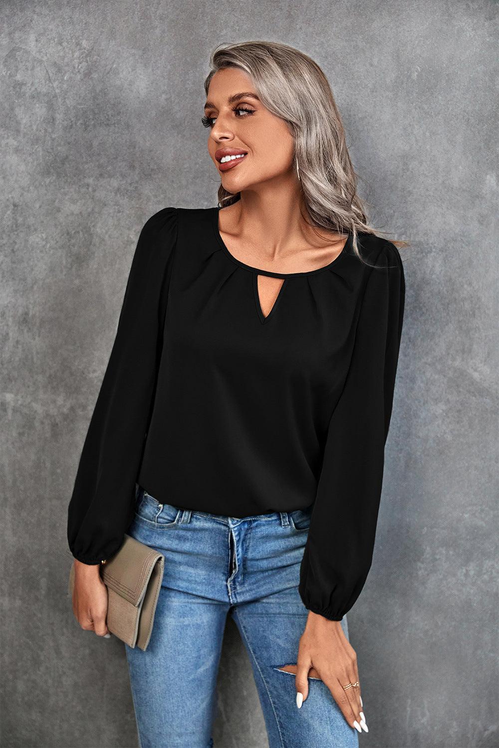 Ava Clothing Solid Color Classic Casual Pleated Blouse - Vestir en Moda