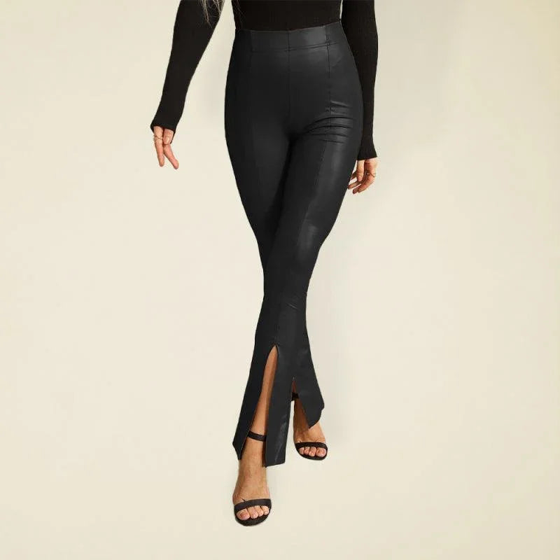 Aviana Pull On Style High Rise Faux Leather Pants With Slits - Vestir en Moda