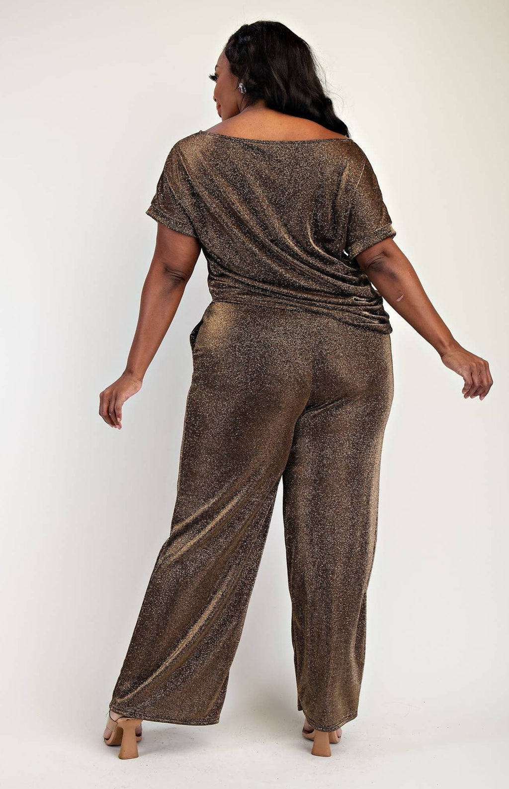 Keyla Glitter Knit Short Sleeve And Wide Leg Plus Size Sets