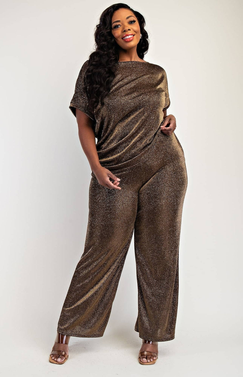 Keyla Glitter Knit Short Sleeve And Wide Leg Plus Size Sets