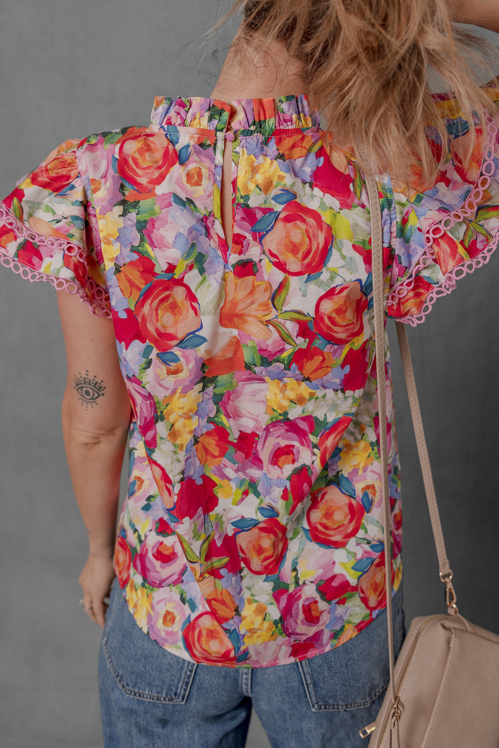 Lace Trim Ruffle Sleeve Floral