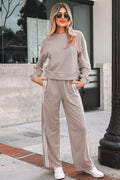 Gray Morn Varsity Striped Detail Crewneck Pullover Two Piece Outfit