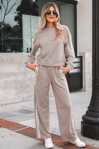 Gray Morn Varsity Striped Detail Crewneck Pullover Two Piece Outfit