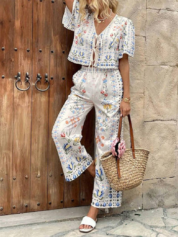 Wanda Floral Print Tie-Front Two Piece Sets