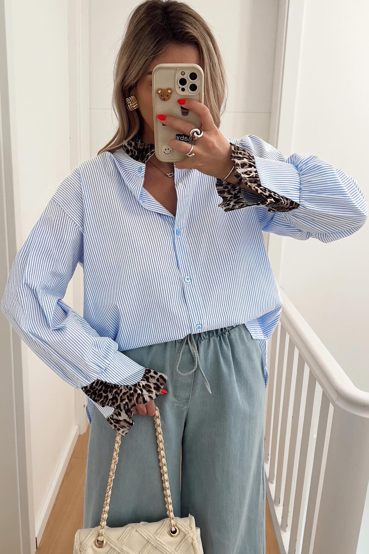Stripe Ruffled  Long Sleeve Down Loose