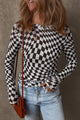 Carla Black Checkered Pattern Mesh Mock Neck Long Sleeve Top