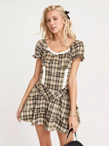 Alondra Plaid Puff Sleeve Two Piece Sets