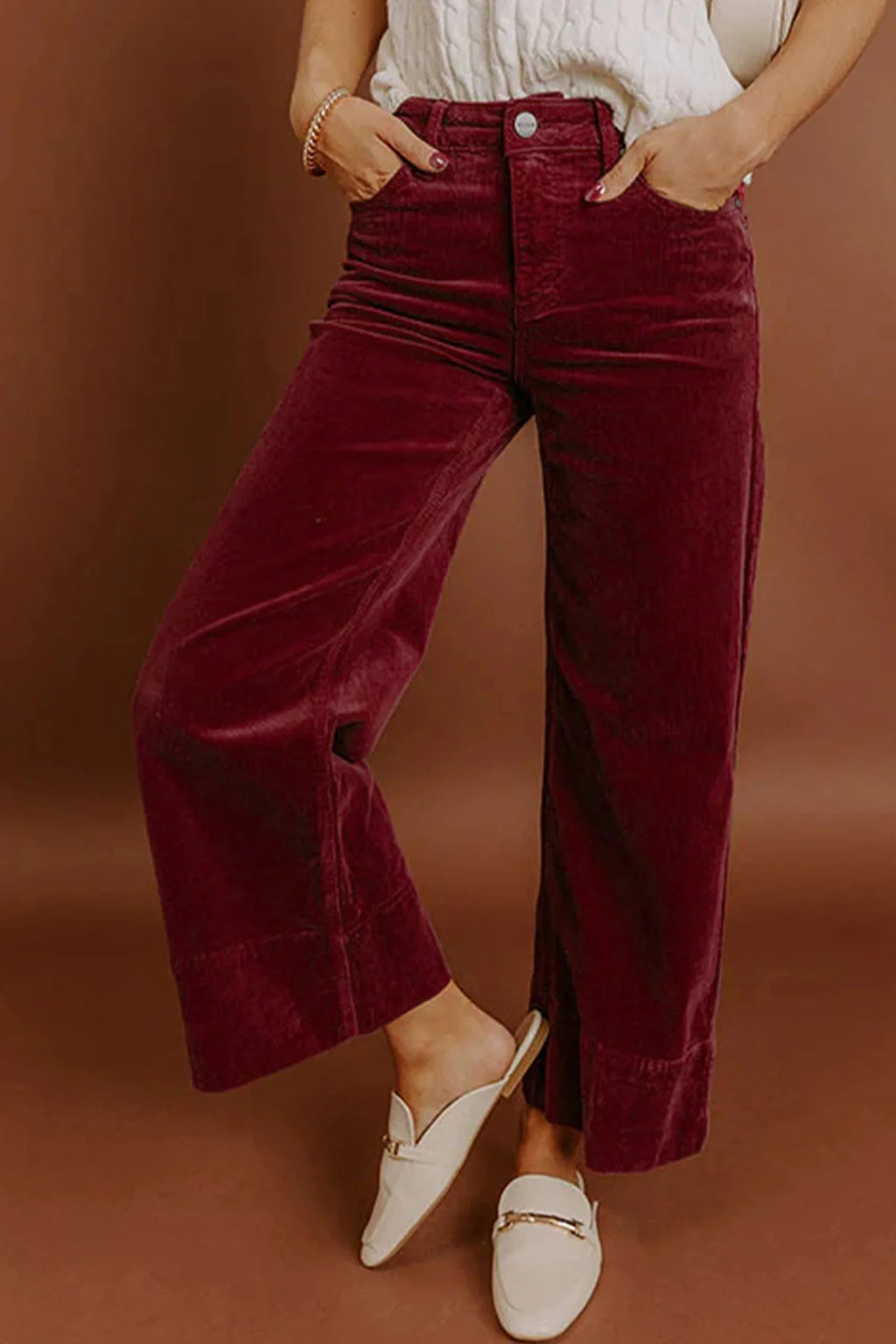 Jady Burgundy Corduroy Solid Color High Waist Wide Leg Pants