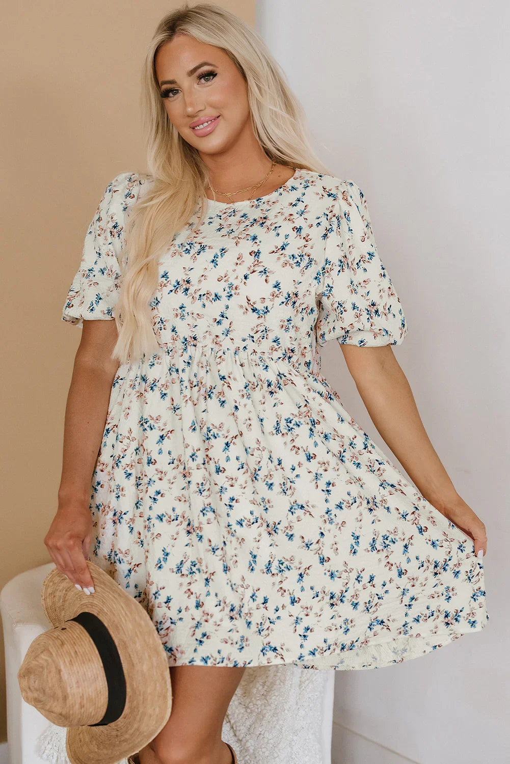 Marquees Beige Floral Puff Short Sleeve Empire Waist Mini Dress