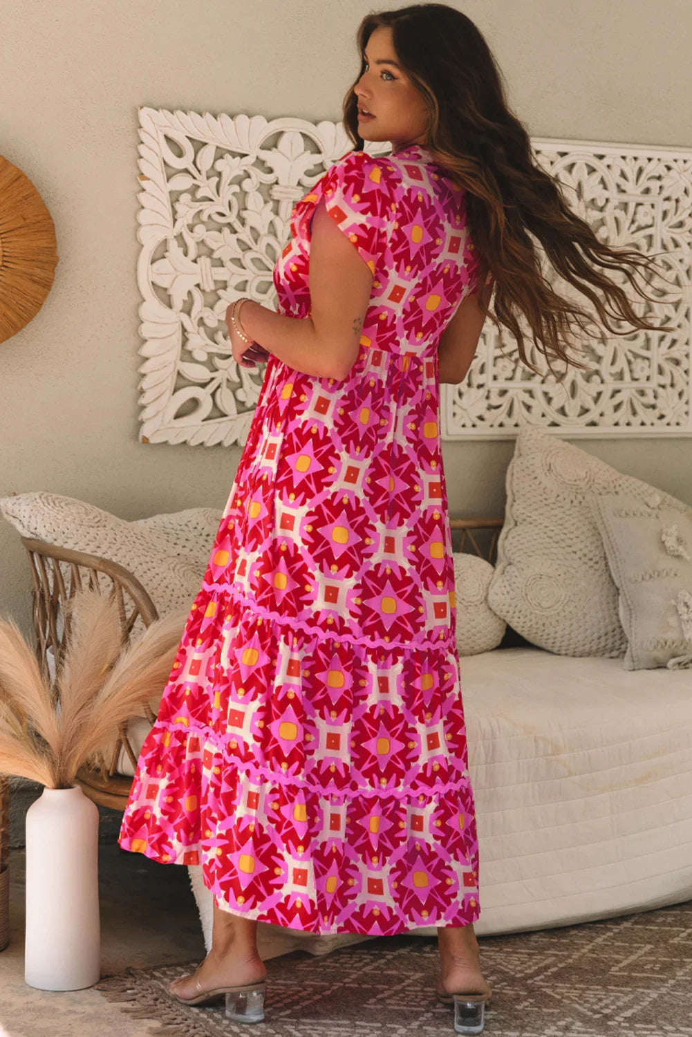 Kathy Strawberry Pink Geo Print V-neck Maxi Dress