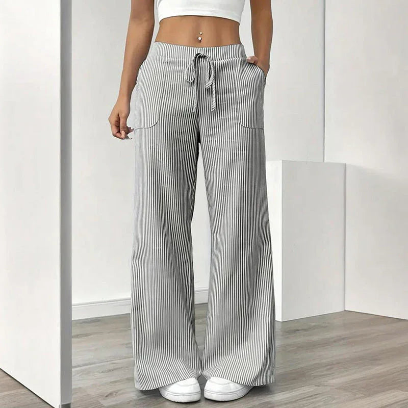 Women's Striped Print Straight Wide Leg Pockets Pants Casual Long Pants