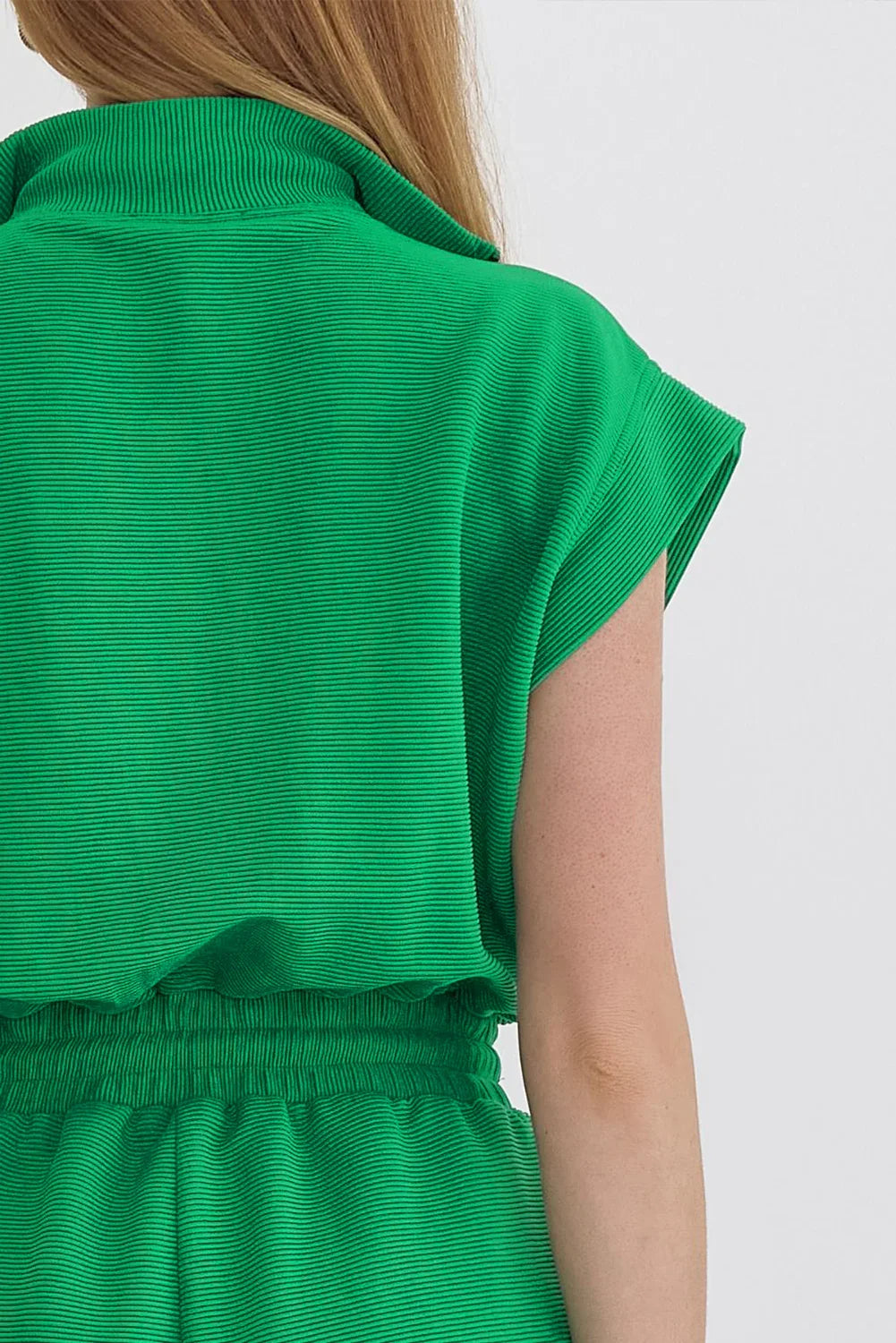 Vectar Bright Green Textured Short Sleeve Half Zip Drawstring Elastic Waistband Romper