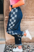 Sail Blue Checkered Side Panel Patchwork Drawstring Loose Denim
