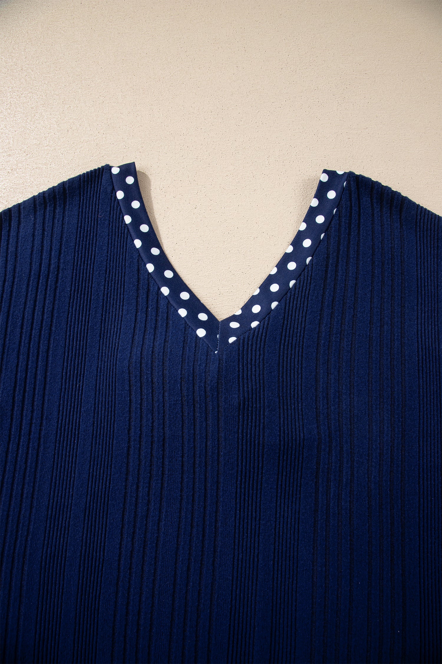 Polka Trimmed V Neck Bow Tie Ribbed