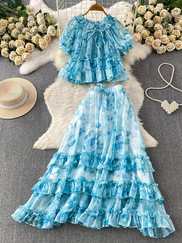 Amelia Floral Print Ruffle Hem Two Piece Sets