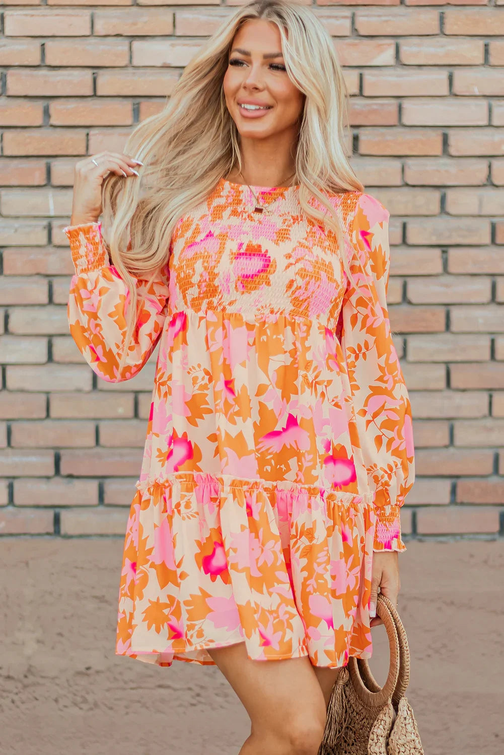 Lonnie Orange Abstract Print Smocked Lantern Sleeve Ruffle Mini Dress