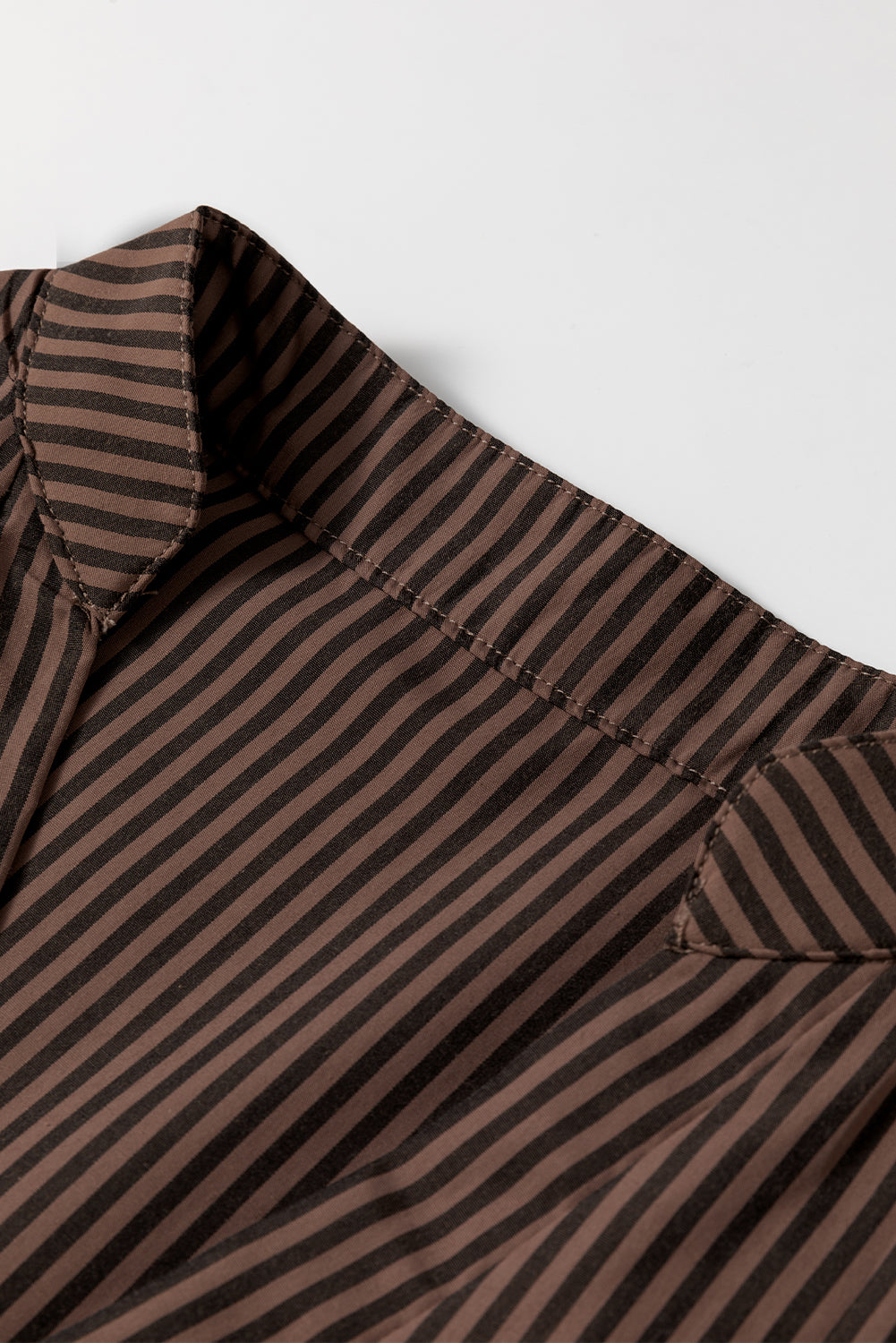 Brown Stripe V Neck Roll Up Sleeve Pocket Classic
