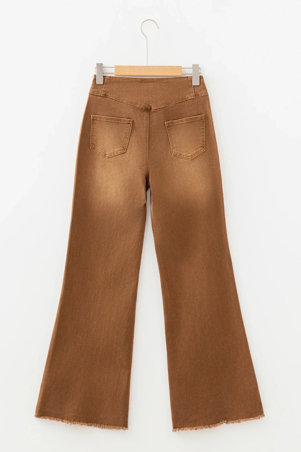 Chersey Coffee High Waist Button Fly Seamed Raw Hem Flare Jeans