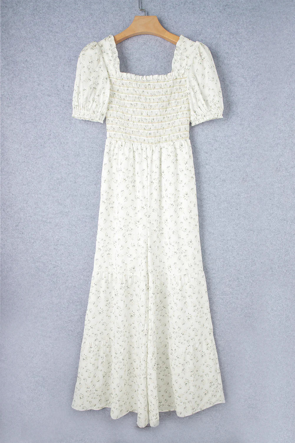 Nordie White Boho Floral Smocked Wide Leg Short Puff Sleeve Jumpsuit