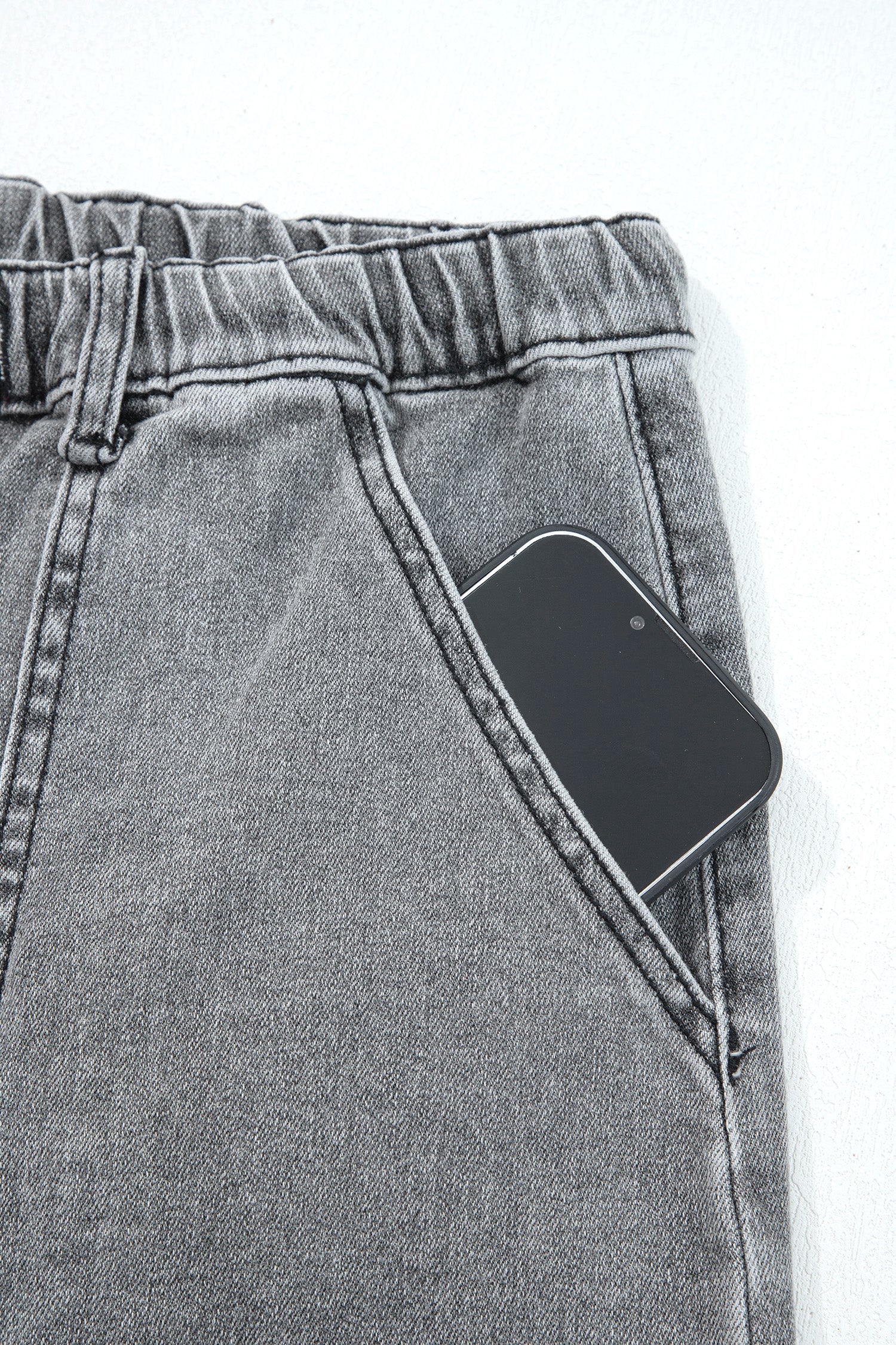 Prussian Blue Drawstring Seam Detail Raw Hem Wide Leg Denim Pants