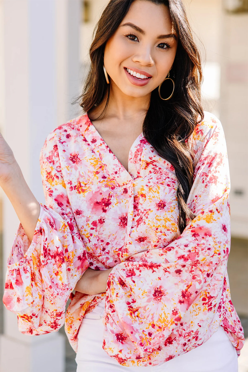 Pink Floral Bubble Sleeve V Neck Blouse