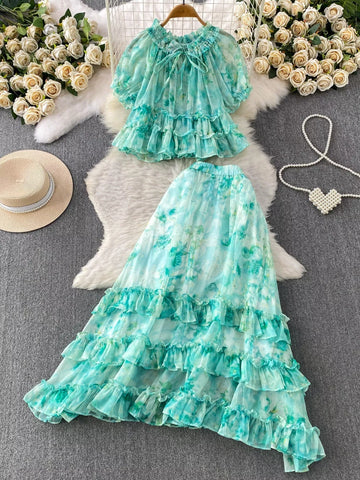 Amelia Floral Print Ruffle Hem Two Piece Sets