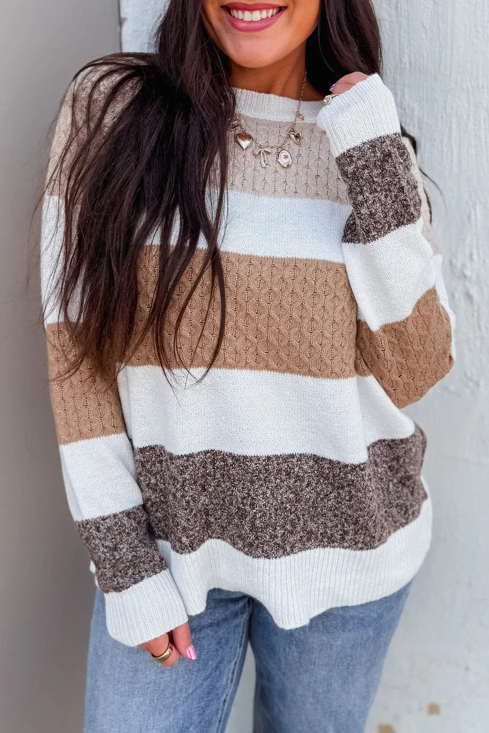 Brown Mixed Texture Knit Striped Colorblock Loose Sweater