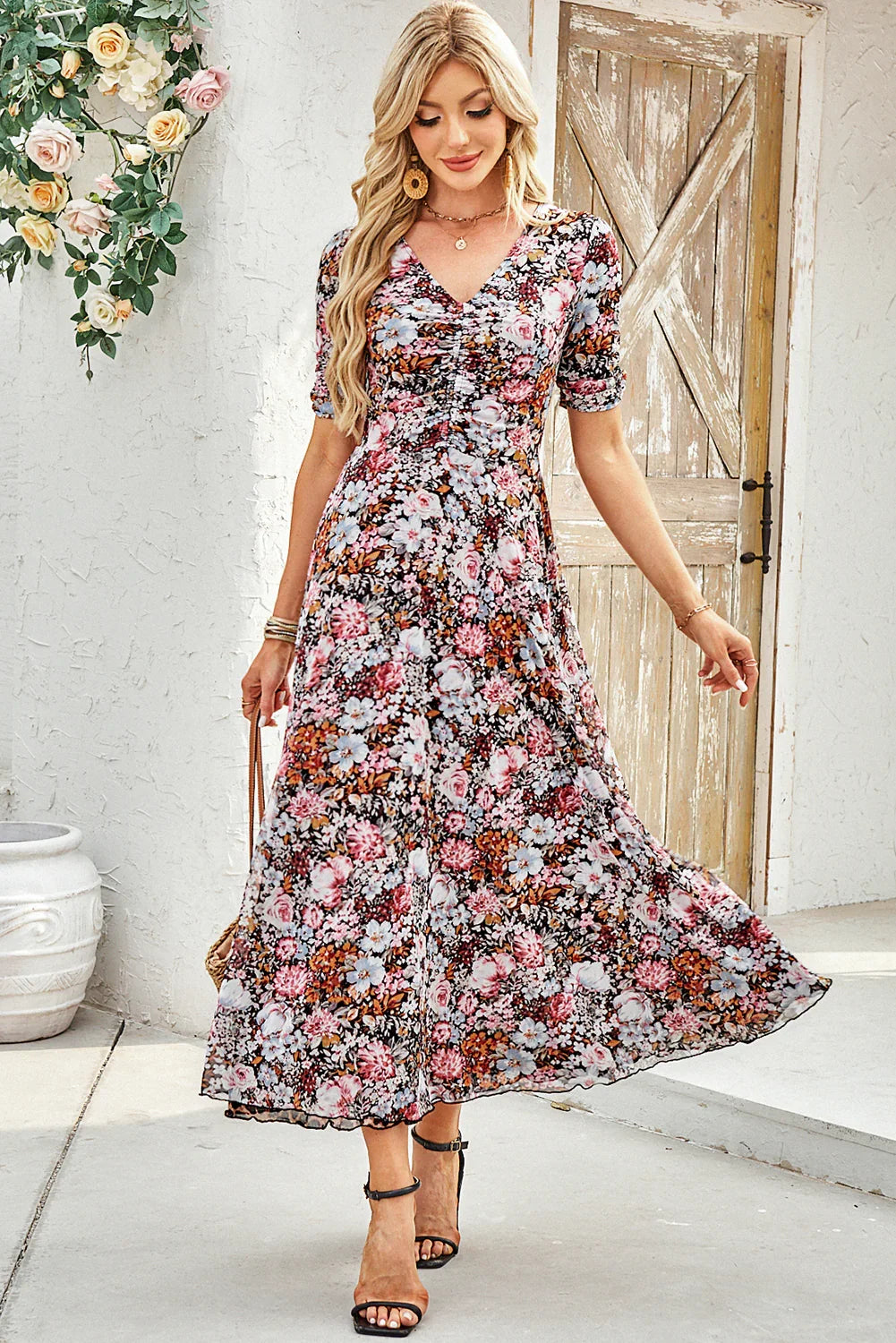 Bellair Brown Mesh Leopard Floral Reversible V Neck Short Sleeve Dress