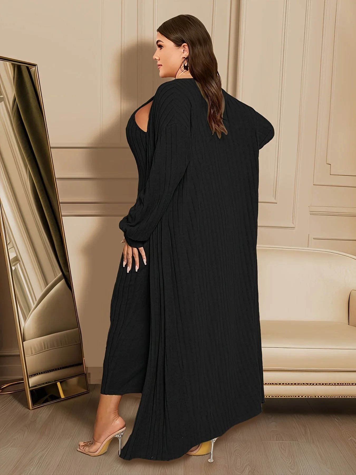 Plus Size Ribbed Cardigan Cap Elegant Two Piece Set