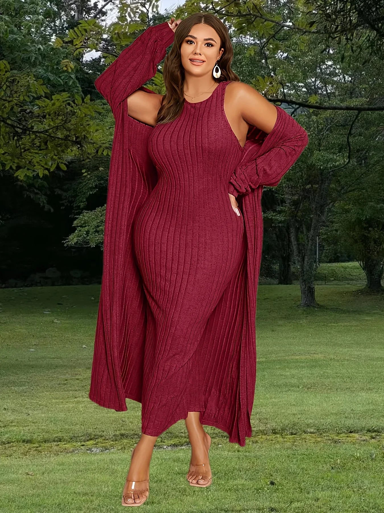 Plus Size Ribbed Cardigan Cap Elegant Two Piece Set