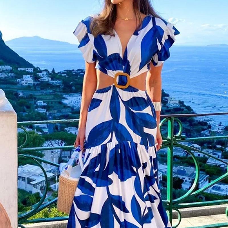 Bitma Women Short Sleeve Waist Leaking Printed Dresses - Vestir en Moda
