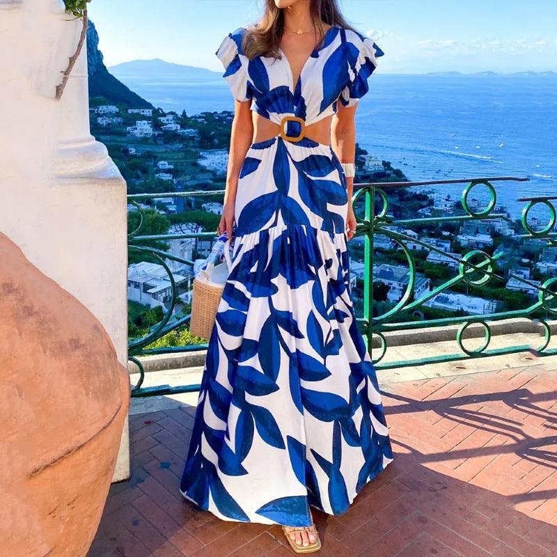 Bitma Women Short Sleeve Waist Leaking Printed Dresses - Vestir en Moda