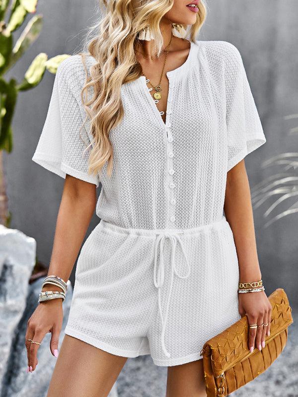 Blanca Women Solid Color Rib Knit Waist Tie Rompers - Vestir en Moda