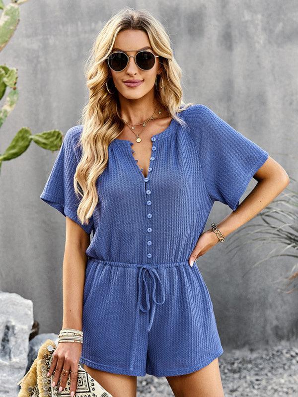 Blanca Women Solid Color Rib Knit Waist Tie Rompers - Vestir en Moda