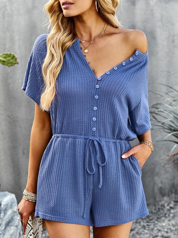 Blanca Women Solid Color Rib Knit Waist Tie Rompers - Vestir en Moda