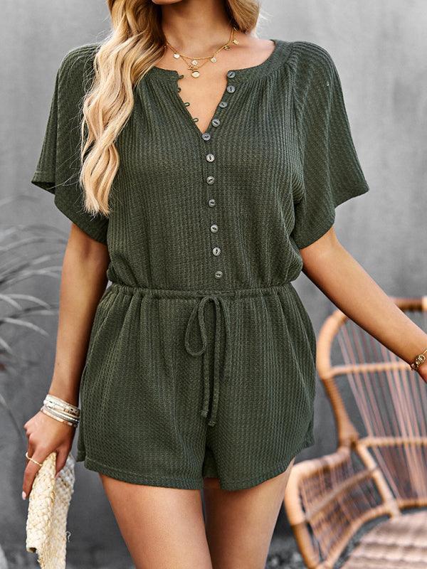 Blanca Women Solid Color Rib Knit Waist Tie Rompers - Vestir en Moda