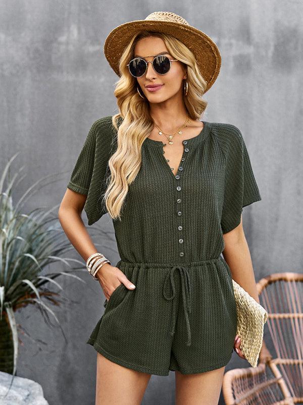 Blanca Women Solid Color Rib Knit Waist Tie Rompers - Vestir en Moda