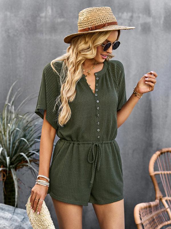 Blanca Women Solid Color Rib Knit Waist Tie Rompers - Vestir en Moda