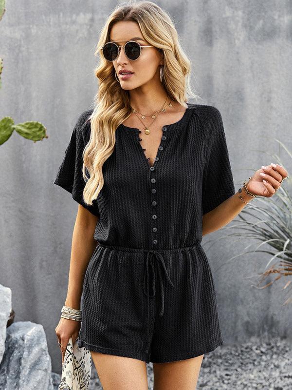 Blanca Women Solid Color Rib Knit Waist Tie Rompers - Vestir en Moda