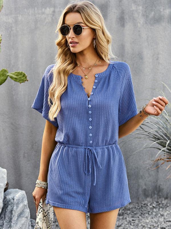 Blanca Women Solid Color Rib Knit Waist Tie Rompers - Vestir en Moda