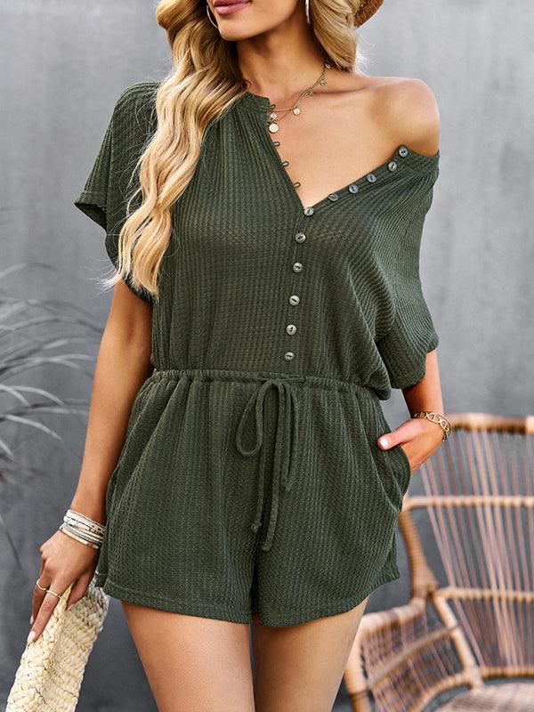 Blanca Women Solid Color Rib Knit Waist Tie Rompers - Vestir en Moda