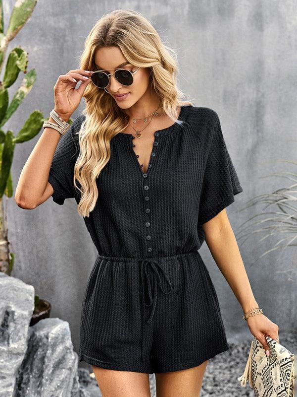 Blanca Women Solid Color Rib Knit Waist Tie Rompers - Vestir en Moda
