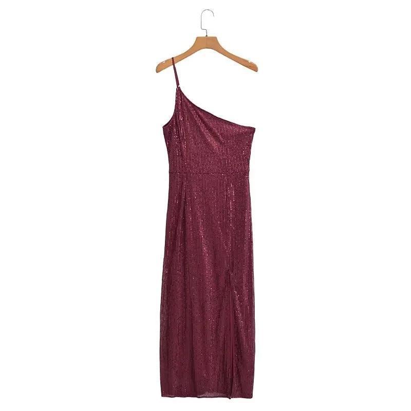 Briana Winter Sequined Diagonal Collar Cami Dresses - Vestir en Moda