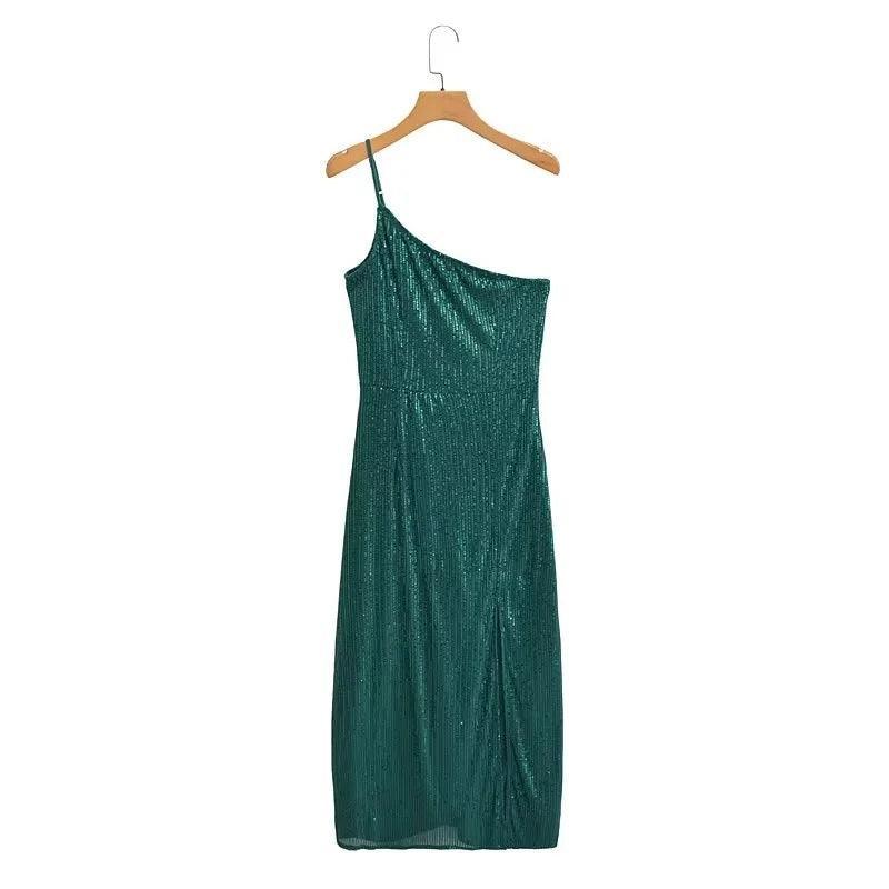 Briana Winter Sequined Diagonal Collar Cami Dresses - Vestir en Moda